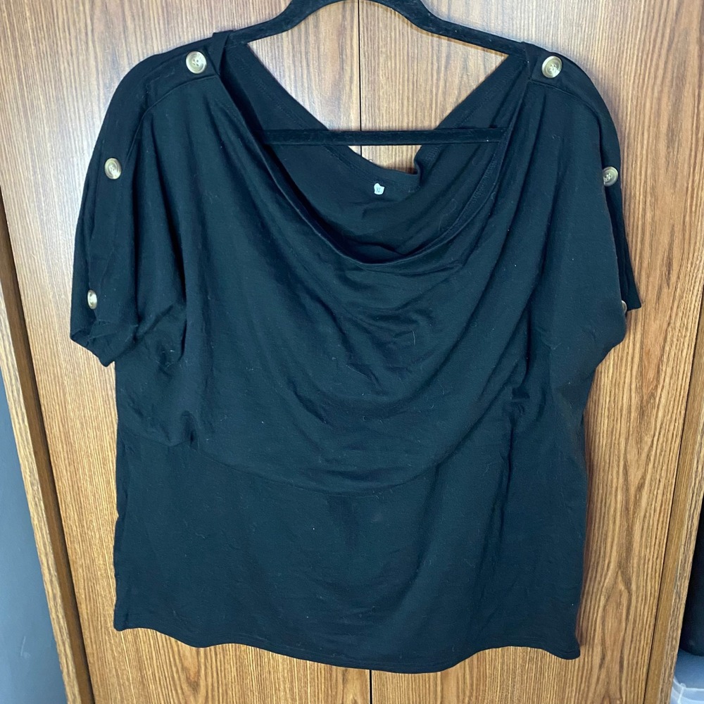 Cowl Neck Top Women XL Black‎ Button Shoulder Draped Short Sleeve Blouse